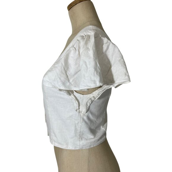 Trf white linen blend shirt button front crop length short sleeve S - Picture 2 of 7